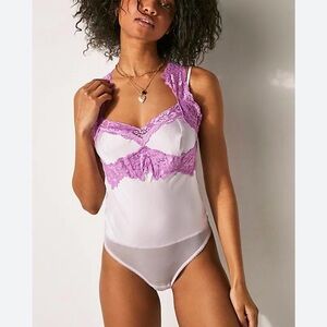 Free People Intimately Neon Nights Bodysuit in Orchids Ice Lace Satin NWOT Small
